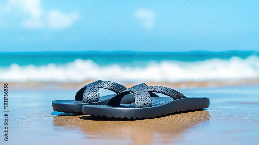 Black Flip Flops on Sandy Beach with Ocean Background Black Flip Flops on Sandy Beach with Ocean Background