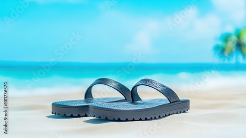 Black Sandals on Beach with Tropical Background