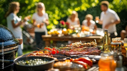 A backyard filled with family and friends, enjoying a sunny Sunday barbecue, Sunday barbecue fun, weekend gathering.