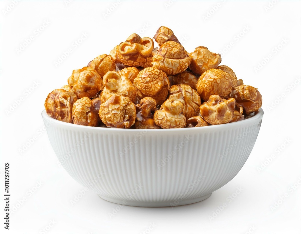 Caramel Popcorn in white bowl isolated on white background Caramel Popcorn in white bowl isolated on white background