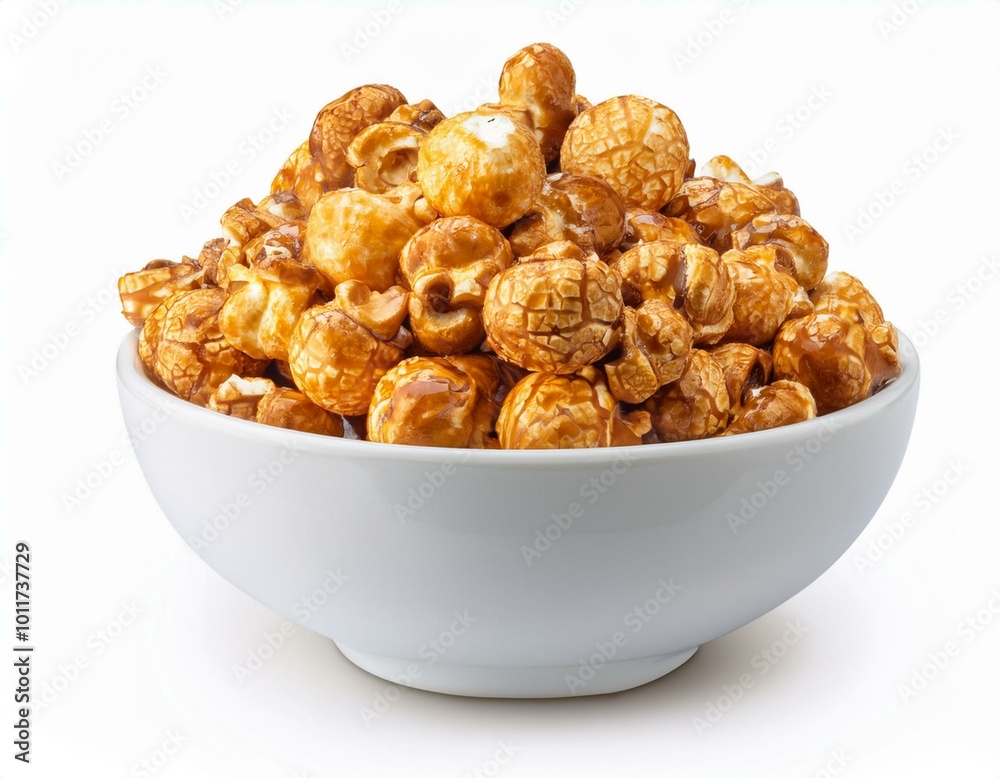 Caramel Popcorn in white bowl isolated on white background Caramel Popcorn in white bowl isolated on white background