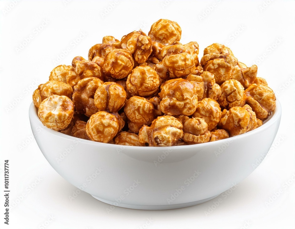 Caramel Popcorn in white bowl isolated on white background Caramel Popcorn in white bowl isolated on white background