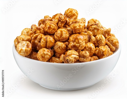 Caramel Popcorn in white bowl isolated on white background