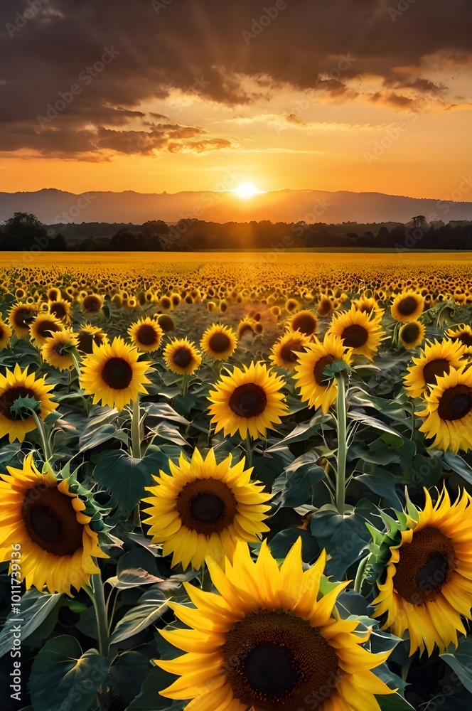 Obraz premium Bring the warmth of a sunset and the beauty of sunflowers into your project with this captivating image.