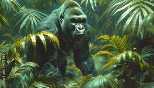 Powerful gorilla in dense jungle habitat 