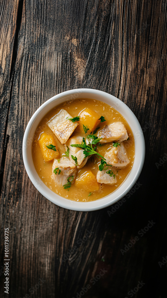 Savor the flavor: fish and vegetable soup in a white bowl for a comforting meal Savor the flavor: fish and vegetable soup in a white bowl for a comforting meal