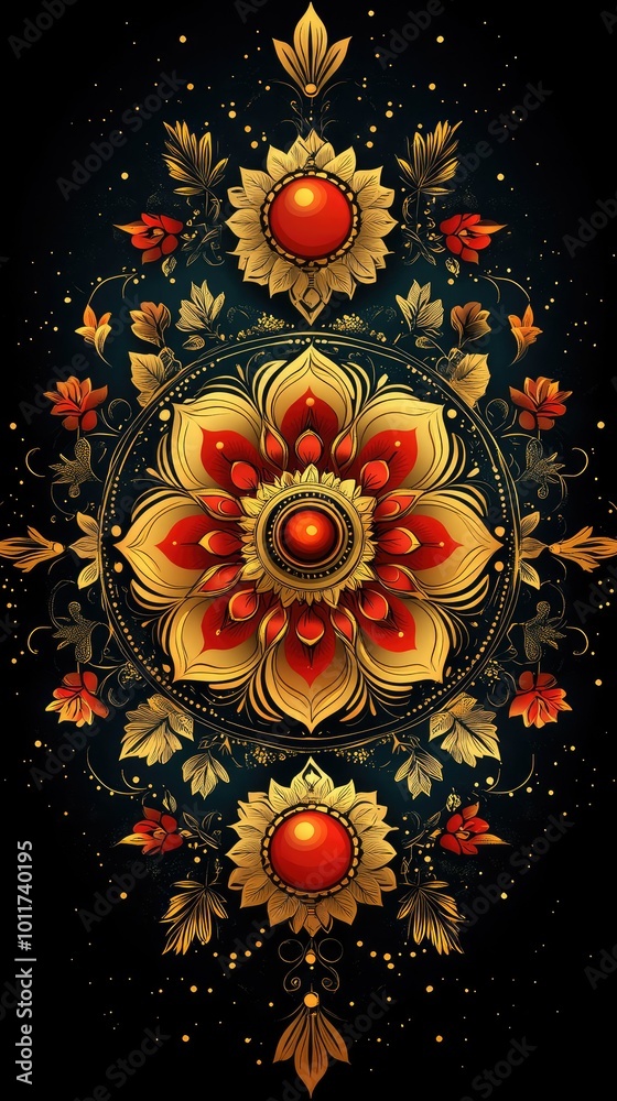 Detailed depiction of a red and gold floral mandala adorned with jewels and other flowers to commemorate diwali Detailed depiction of a red and gold floral mandala adorned with jewels and other flowers to commemorate diwali