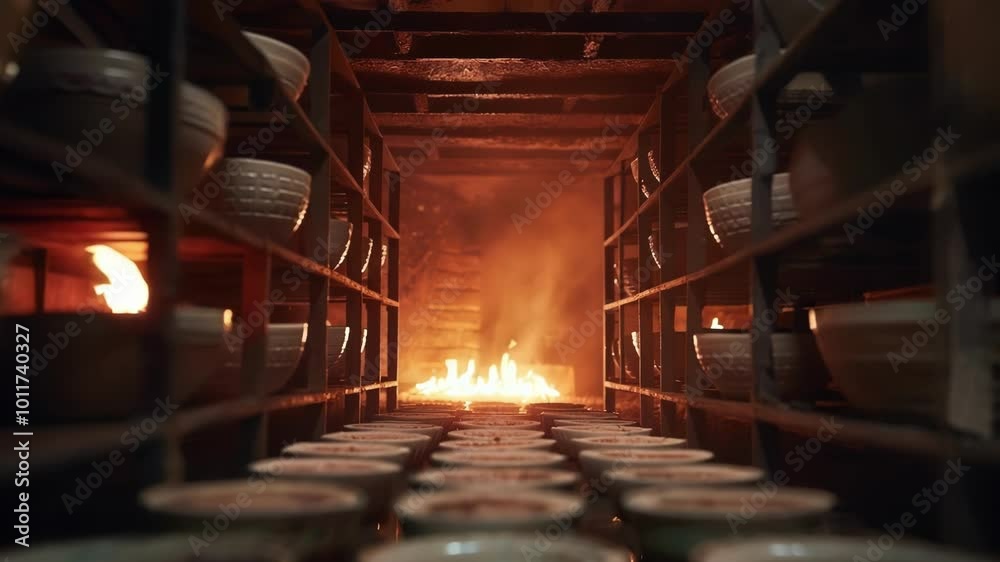 Ceramic plates drying in a kiln at a pottery factory, with flames casting a warm glow. Skilled artisans handcraft each plate in this industrial workshop