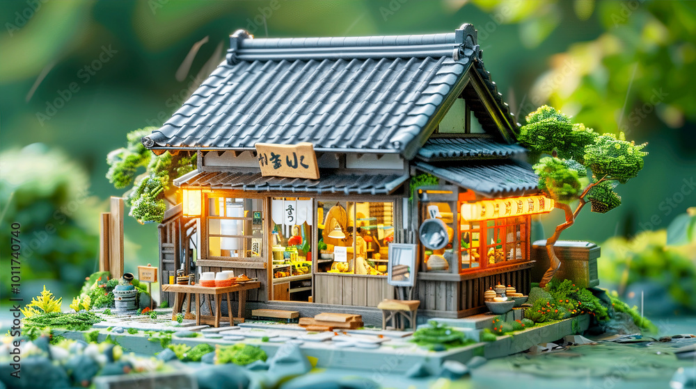 Fototapeta premium Charming miniature Japanese teahouse with detailed exterior, warm lighting, and lush greenery in a serene garden setting.