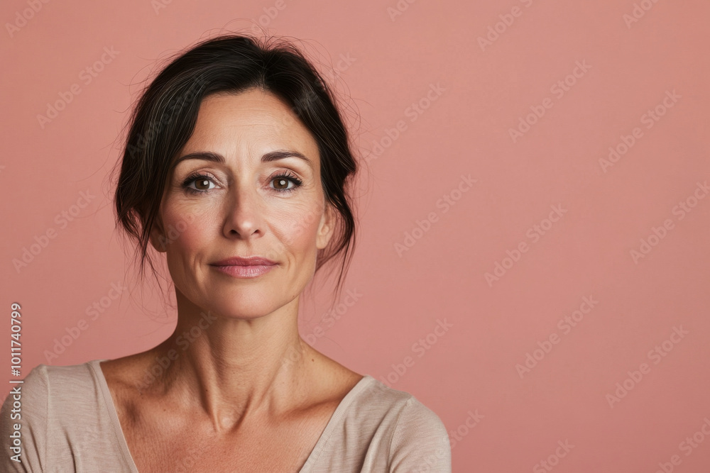 Portrait of serene middle age woman with brunette hair and light background Portrait of serene middle age woman with brunette hair and light background