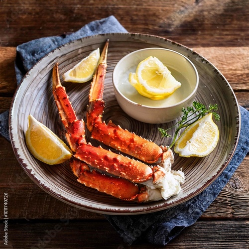 Cooked Organic Alaskan King Crab Legs with Butter and lemons photo