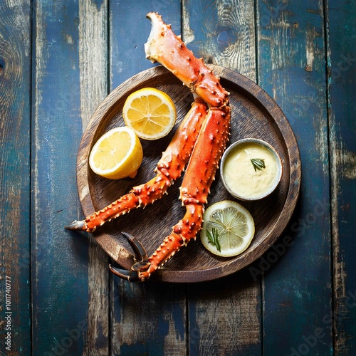 Cooked Organic Alaskan King Crab Legs with Butter and lemons photo