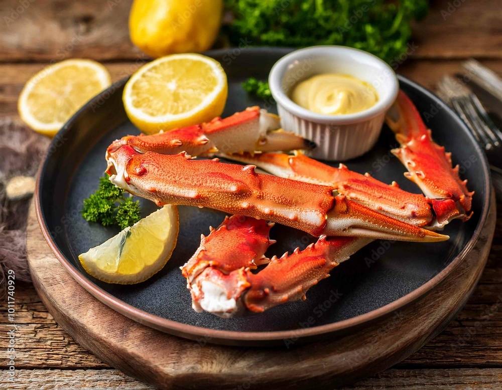 Cooked Organic Alaskan King Crab Legs with Butter and lemons Cooked Organic Alaskan King Crab Legs with Butter and lemons