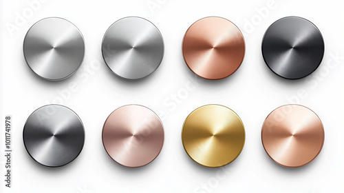 A set of metal chrome circle buttons is presented in vector format, featuring metallic rose gold, bronze, silver, steel, holographic, and golden badges for diverse design applications, Ai