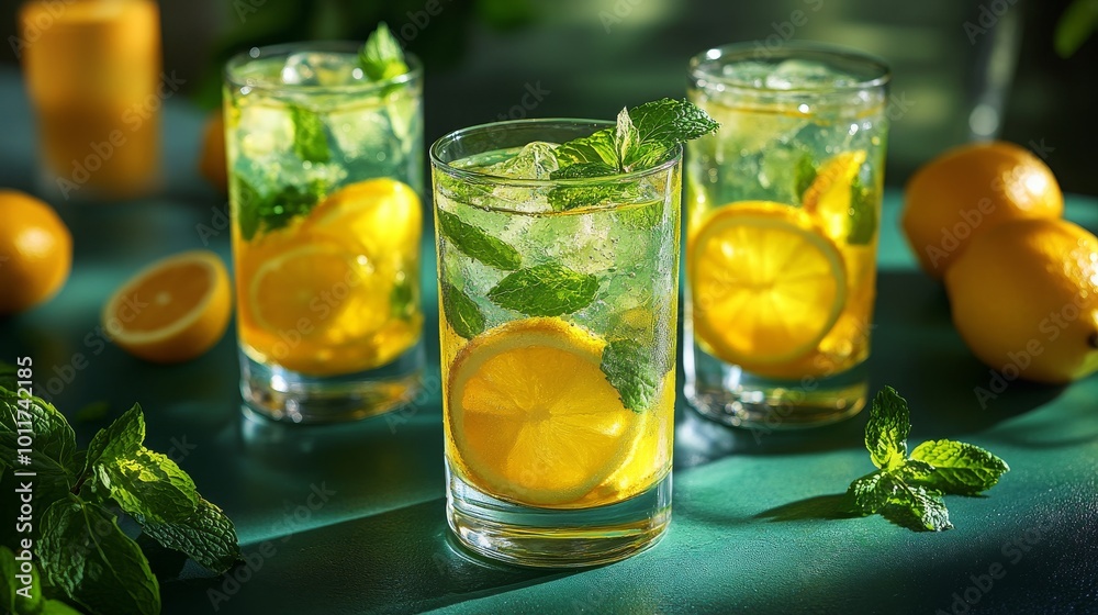 Refreshing lemon mint beverages with ice served on a sunny afternoon Refreshing lemon mint beverages with ice served on a sunny afternoon