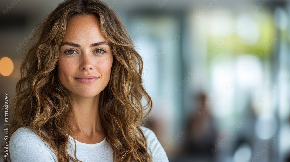Fototapeta premium Portrait of a young woman with wavy brown hair smiling confidently in a modern office setting