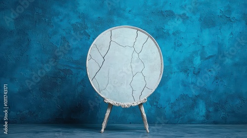 Artistic round mirror with a cracked surface, stylish display on a blue background. photo