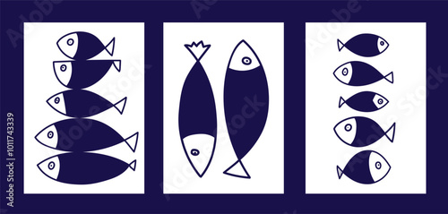 Sea cards and posters collection for kids. Cartoon fish. Hand drawn illustration. Ideal for greeting cards, t-shirts design, decor for nursery.