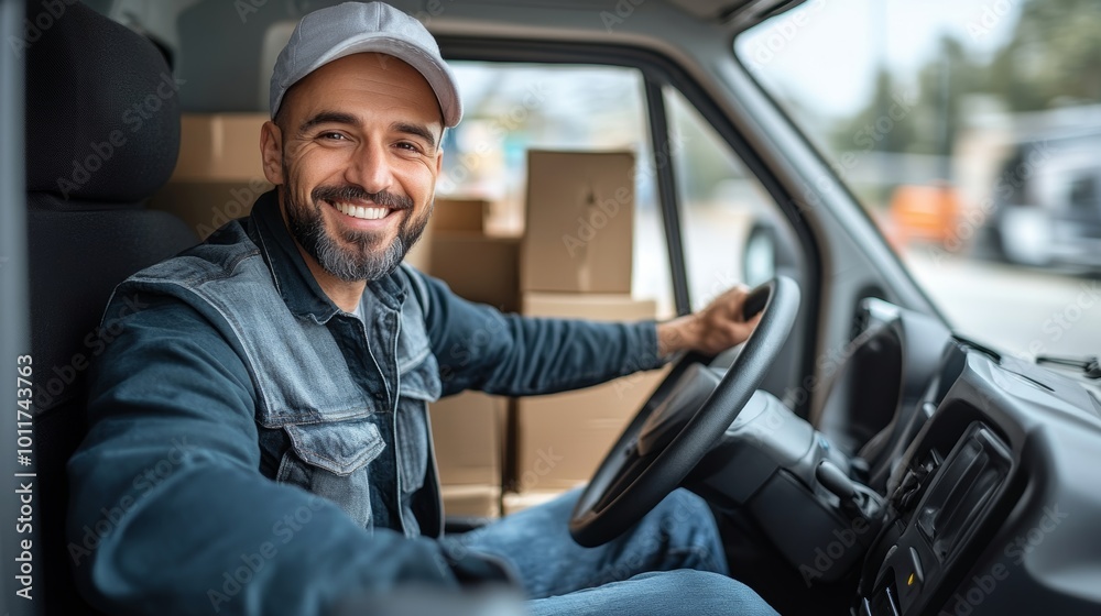The Happy Delivery Man is Behind the Wheel of the Service Delivery Van, Generative AI The Happy Delivery Man is Behind the Wheel of the Service Delivery Van, Generative AI