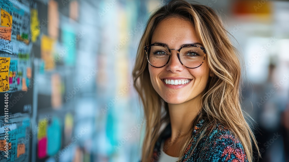 Portrait of a young woman wearing glasses smiling in front of a business workflow board