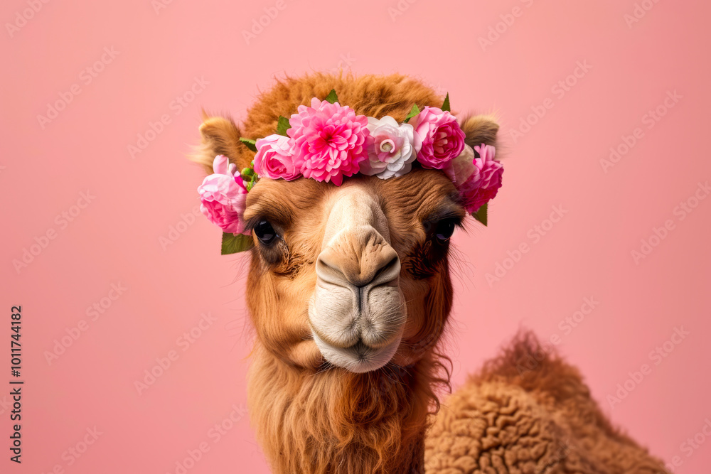 Camel with floral crown on pink background Camel with floral crown on pink background