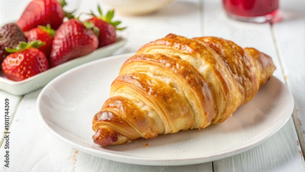 A freshly baked croissant on a white plate with a bowl of fresh strawberries and a glass of juice in the background. A freshly baked croissant on a white plate with a bowl of fresh strawberries and a glass of juice in the background.