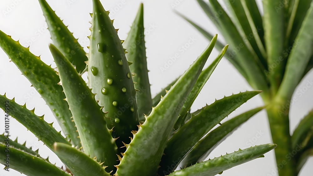 A healthy aloe vera plant with fleshy, serrated leaves arranged neatly on a clean, plain white background. A healthy aloe vera plant with fleshy, serrated leaves arranged neatly on a clean, plain white background.