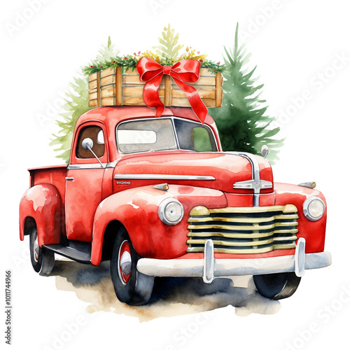 Watercolor christmas vintage red truck with a large gift bow, traveling through a snowy landscape. Transparent background