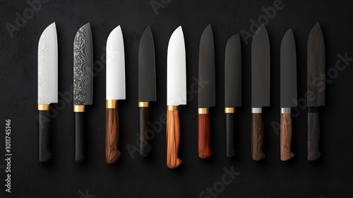 Collection of various kitchen knives on a dark background, showcasing different styles.