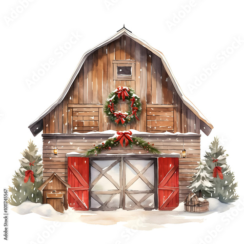 Watercolor rustic barn with christmas wreath. Transparent background