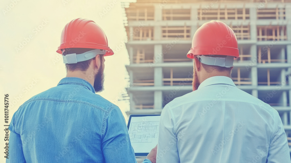 Two construction workers in hard hats look at blueprints. Two construction workers in hard hats look at blueprints.