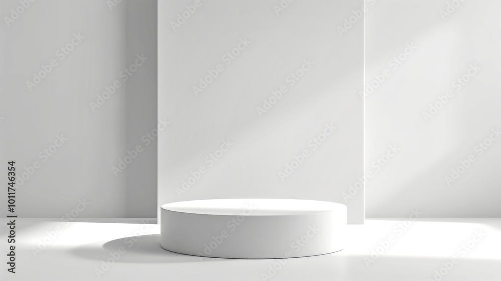 Minimalist white display platform in bright, contemporary setting, ideal for showcasing products or art. clean lines and soft shadows create serene atmosphere Minimalist white display platform in bright, contemporary setting, ideal for showcasing products or art. clean lines and soft shadows create serene atmosphere