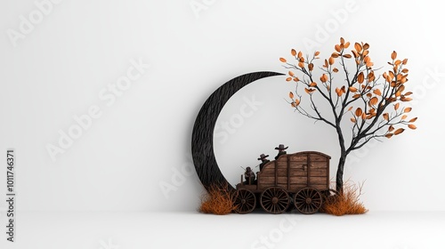 Decorative autumn scene with a wagon, tree, and crescent moon on a white background. photo