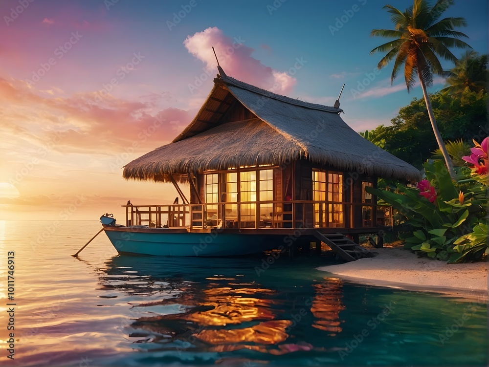 Experience the Serenity of a Tropical Beachfront Bungalow at Stunning Sunset Hours