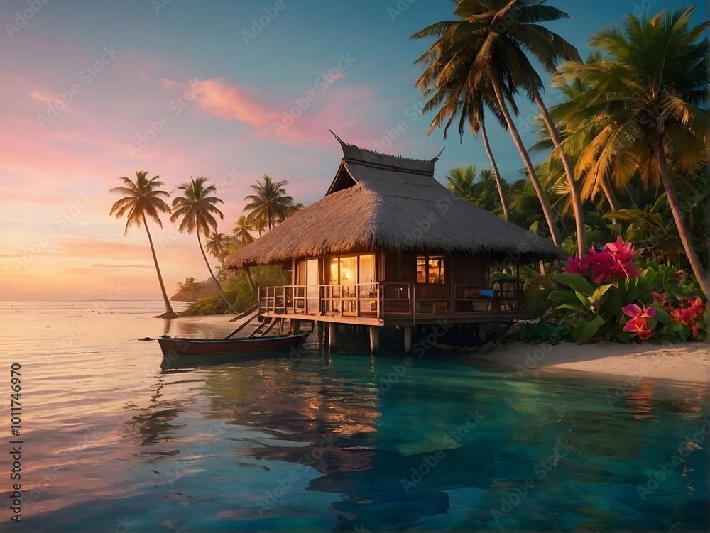 Experience the Serenity of a Tropical Beachfront Bungalow at Stunning Sunset Hours Experience the Serenity of a Tropical Beachfront Bungalow at Stunning Sunset Hours