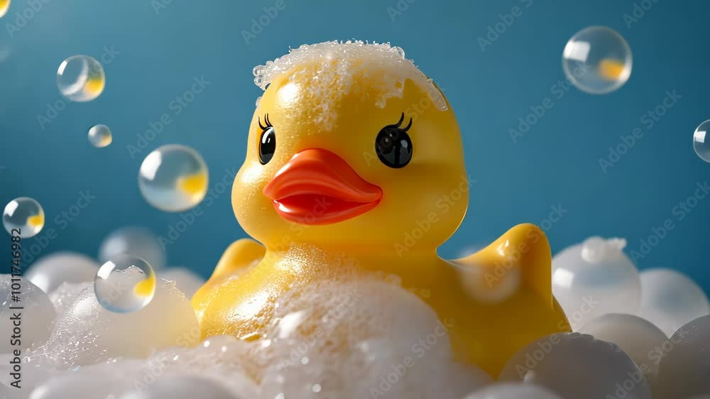 Yellow rubber duck in a bubble bath with blue background, playful concept Yellow rubber duck in a bubble bath with blue background, playful concept