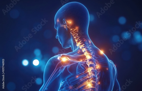 Medical illustration of highlighted shoulder pain in a digital human figure with futuristic blue and orange glowing lines