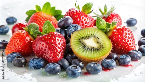 A close-up of fresh strawberries, blueberries, and kiwi slices on a white background.