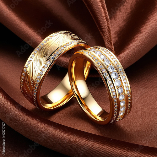 Gold marriage rings with engraved and zircons photo