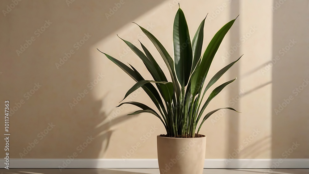 A tall snake plant with upright, sword-shaped leaves against a plain beige background, ideal for any minimalist indoor space. A tall snake plant with upright, sword-shaped leaves against a plain beige background, ideal for any minimalist indoor space.