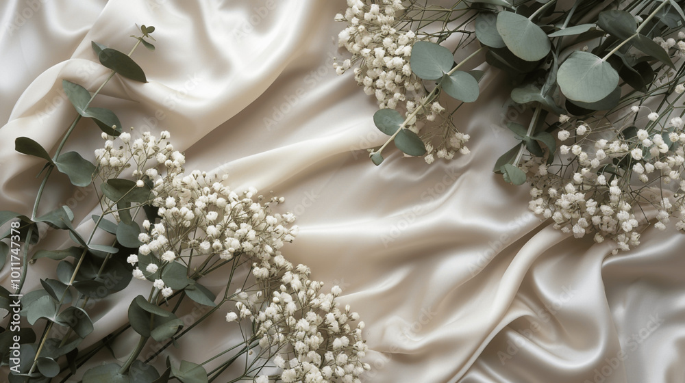 Eucalyptus and baby's breath flowers arranged on soft beige fabric Eucalyptus and baby's breath flowers arranged on soft beige fabric
