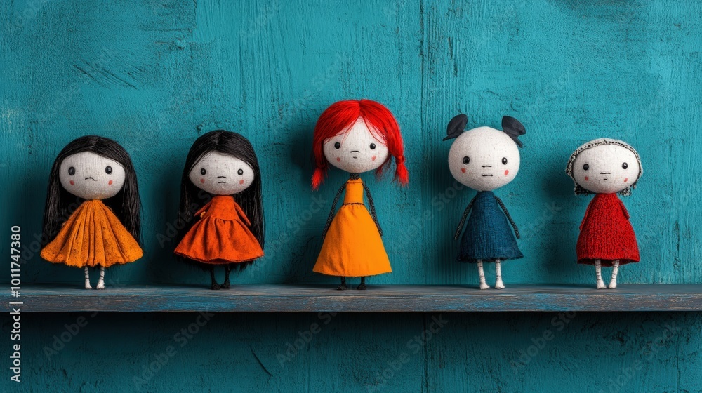 Five colorful handmade dolls on a wooden shelf against a blue background. Five colorful handmade dolls on a wooden shelf against a blue background.