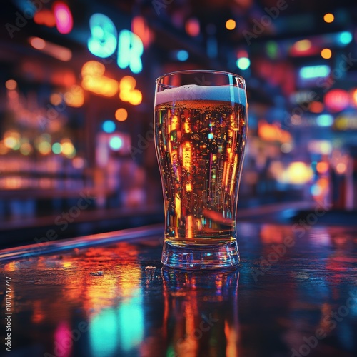 A glass of beer with foam rests on a bar counter, reflecting vibrant neon lights in a lively nightlife setting with blurred background. photo