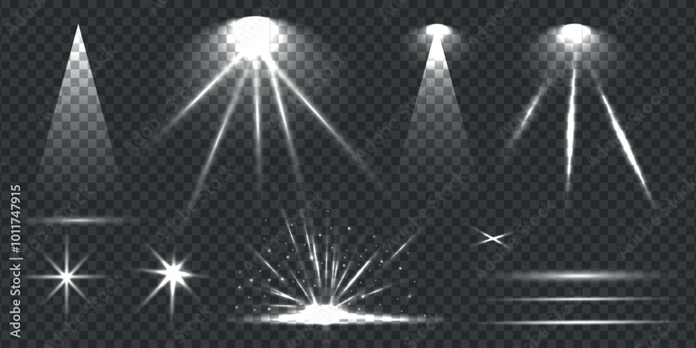 Flare effect set with light ray. Beam searchlight or lamp, sparkle, star. Glow transparent collection burst for web, xmas, new year decorations. Isolated Vector illustration.
Flare effect set with light ray. Beam searchlight or lamp, sparkle, star. Glow transparent collection burst for web, xmas, new year decorations. Isolated Vector illustration.