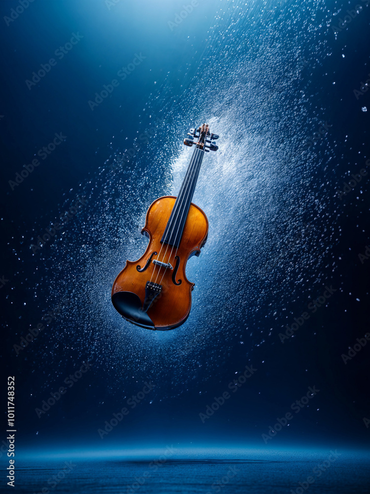 Fototapeta premium Violin in snow. Violin floats in the streams of snowfall