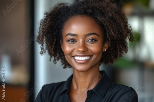 Face portrait, manager and happy black woman, business leader or employee smile for startup company success. Management, corporate person and headshot, Generative AI