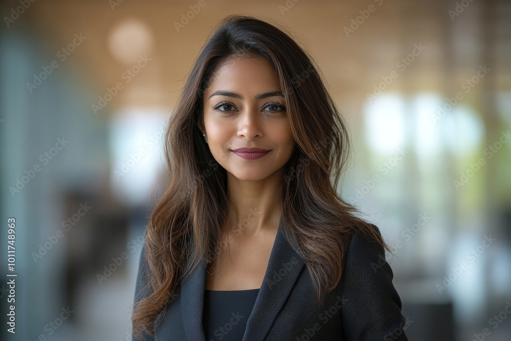Professional headshot with a modern twist. a 45-year-old South Asian woman dressed in a sharp suit standing confidently in an elegant office setting, Generative AI Professional headshot with a modern twist. a 45-year-old South Asian woman dressed in a sharp suit standing confidently in an elegant office setting, Generative AI