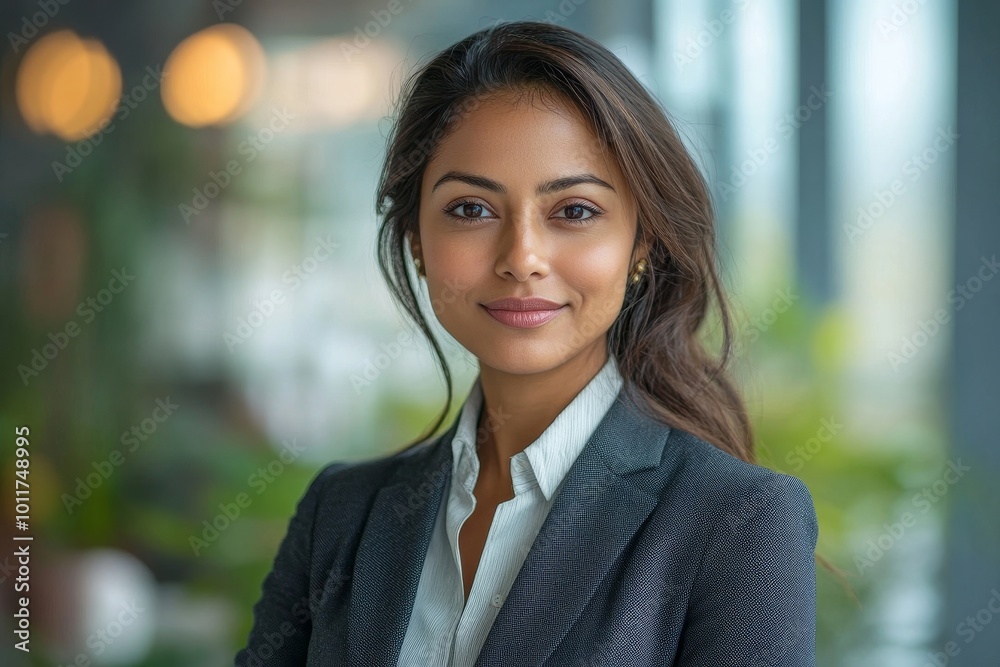 Professional headshot with a modern twist. a 45-year-old South Asian woman dressed in a sharp suit standing confidently in an elegant office setting, Generative AI Professional headshot with a modern twist. a 45-year-old South Asian woman dressed in a sharp suit standing confidently in an elegant office setting, Generative AI