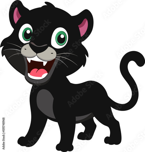 Cute cartoon black panther, large cat illustration