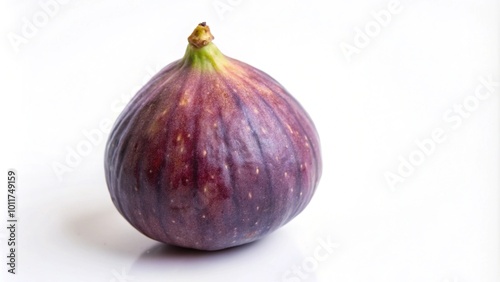 Close-up of a single ripe purple fig with green stem on a white background.